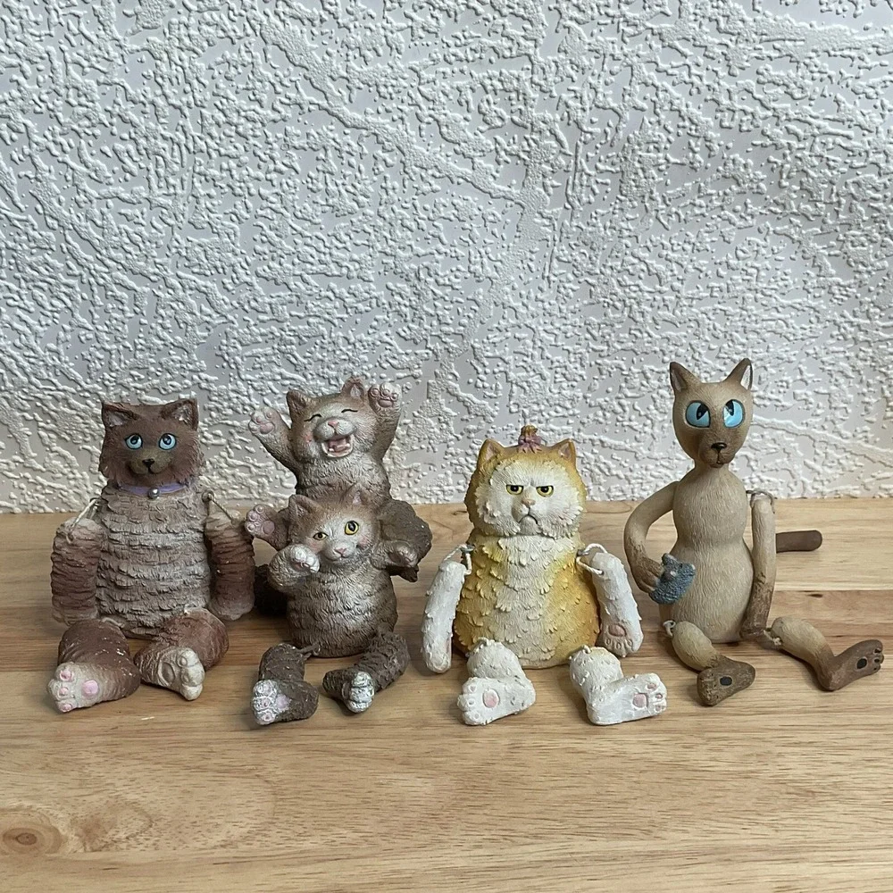 Funny Cats Figurines Lot Of 4 Shelf Sitters 2004, Dangling Arms Legs Tail Resin*